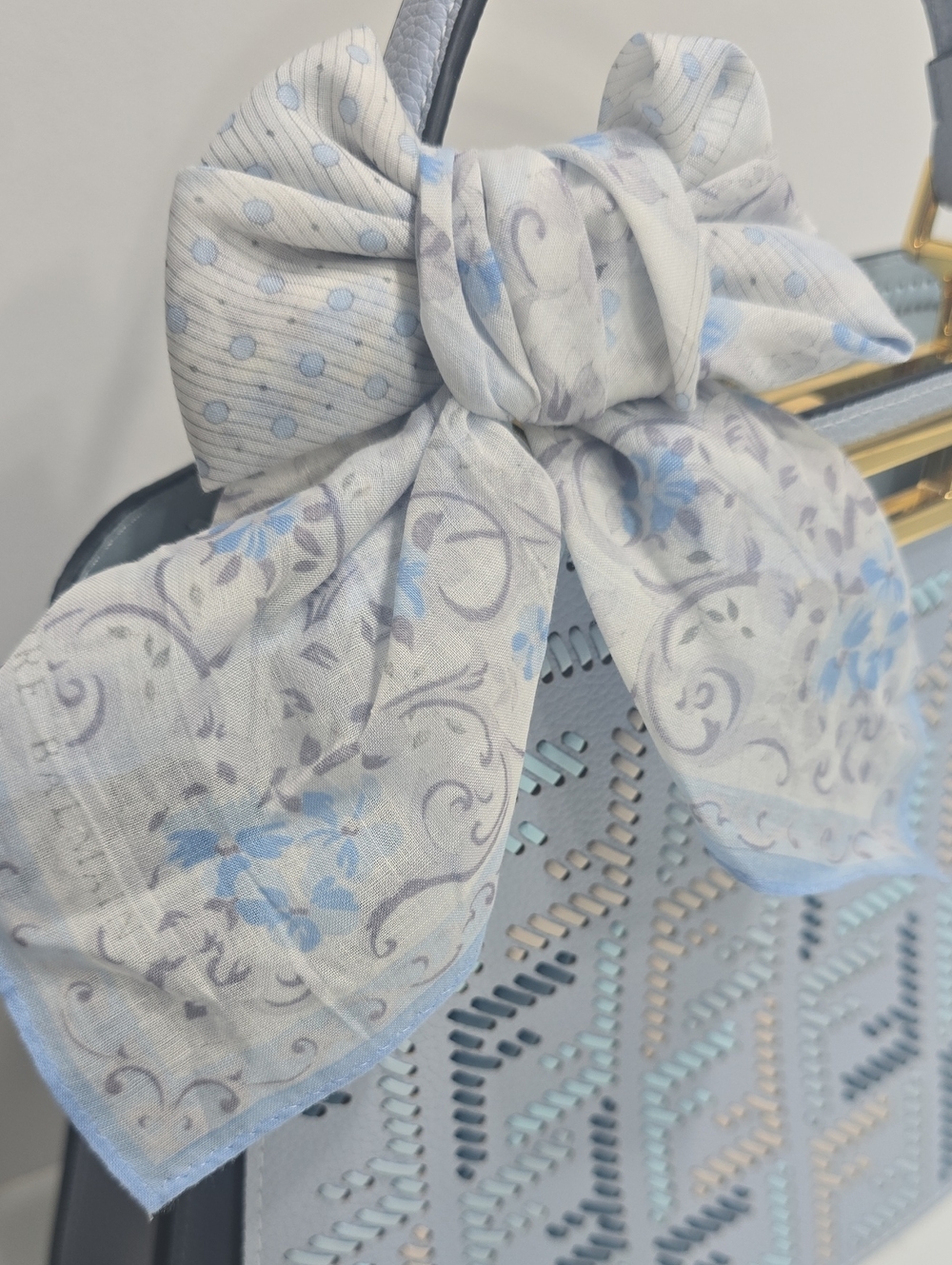 Light Blue Floral Bow Scarf Accent for Handbag - BALMAIN Brand